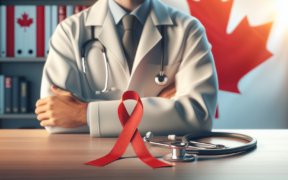 HIV and AIDS awareness - red ribbon on medical professional in Canadian clinic