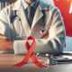 HIV and AIDS awareness - red ribbon on medical professional in Canadian clinic