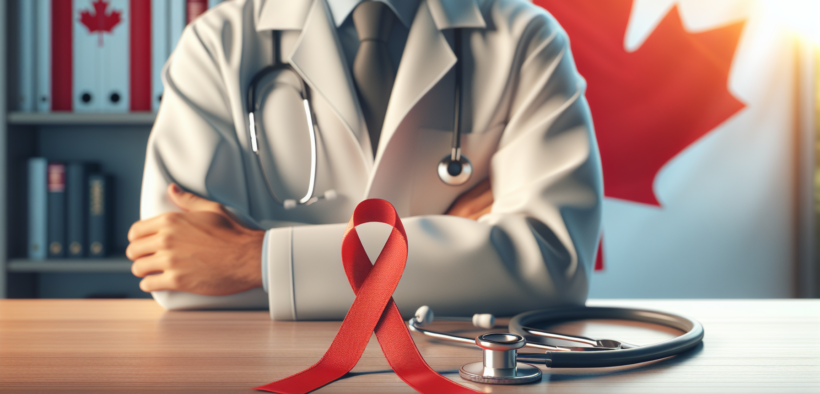 HIV and AIDS awareness - red ribbon on medical professional in Canadian clinic